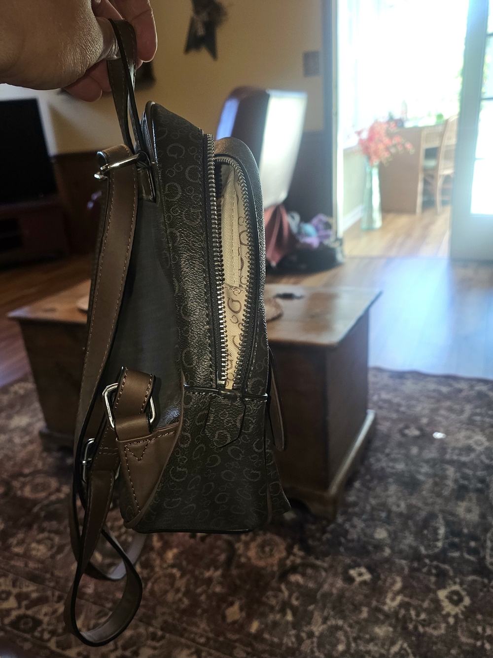 GUESS Brown/Tan Monogram Mini Backpack - Picture 4 of 8